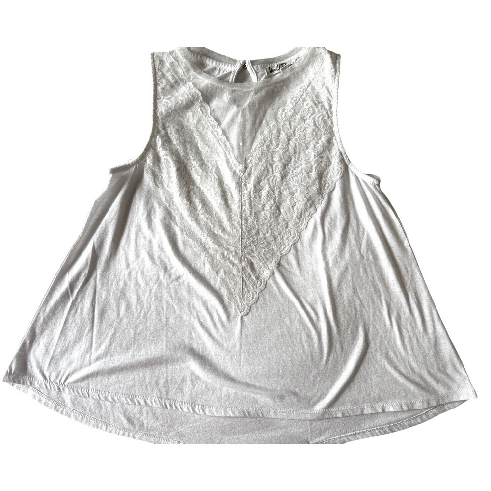 WallFlower Womens White Lace Mesh Yoke Sleeveless Tank Top Size L‎ Boho Flowy